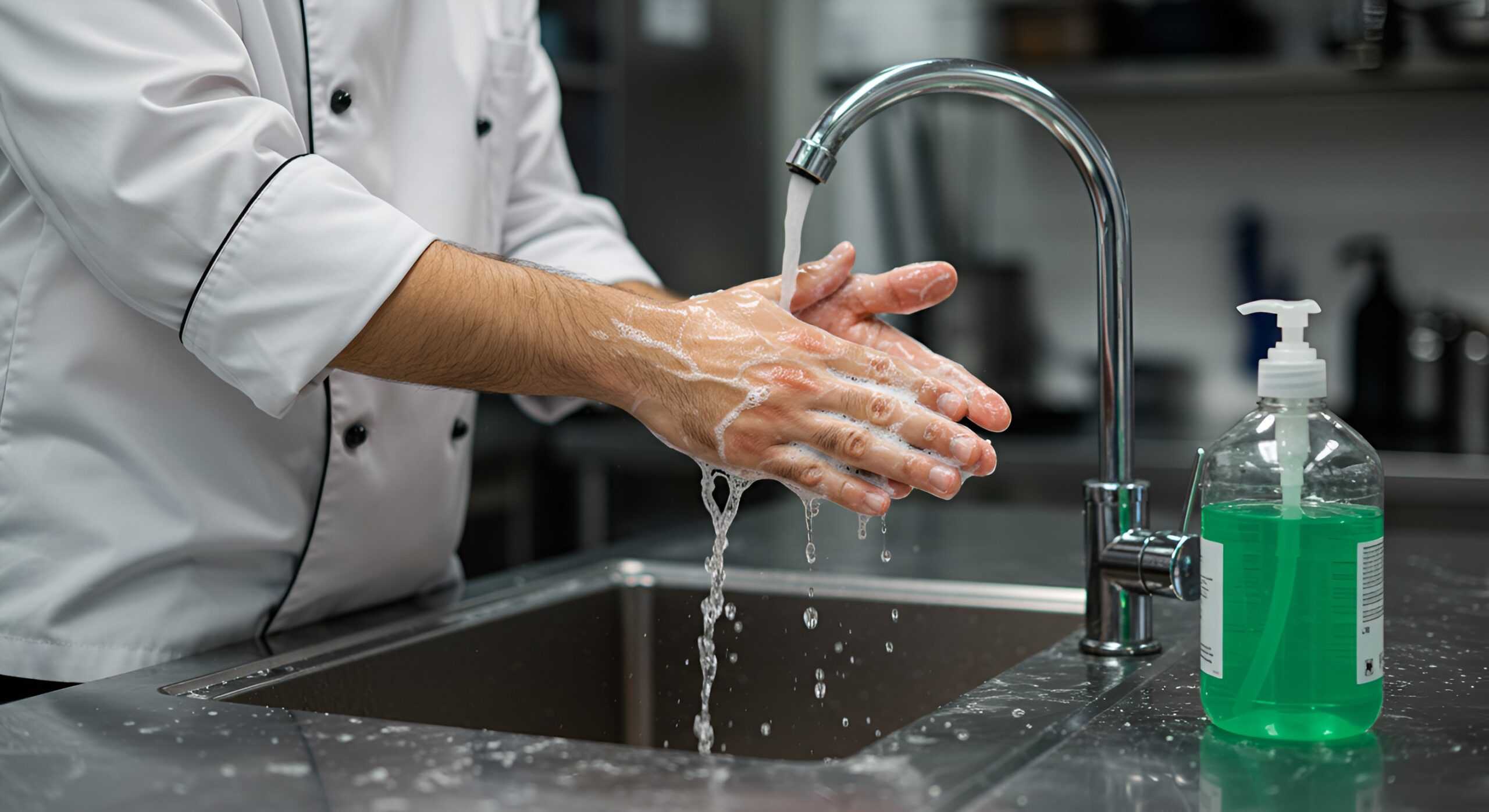 Profesional de cocina lavándose las manos con jabón en un fregadero