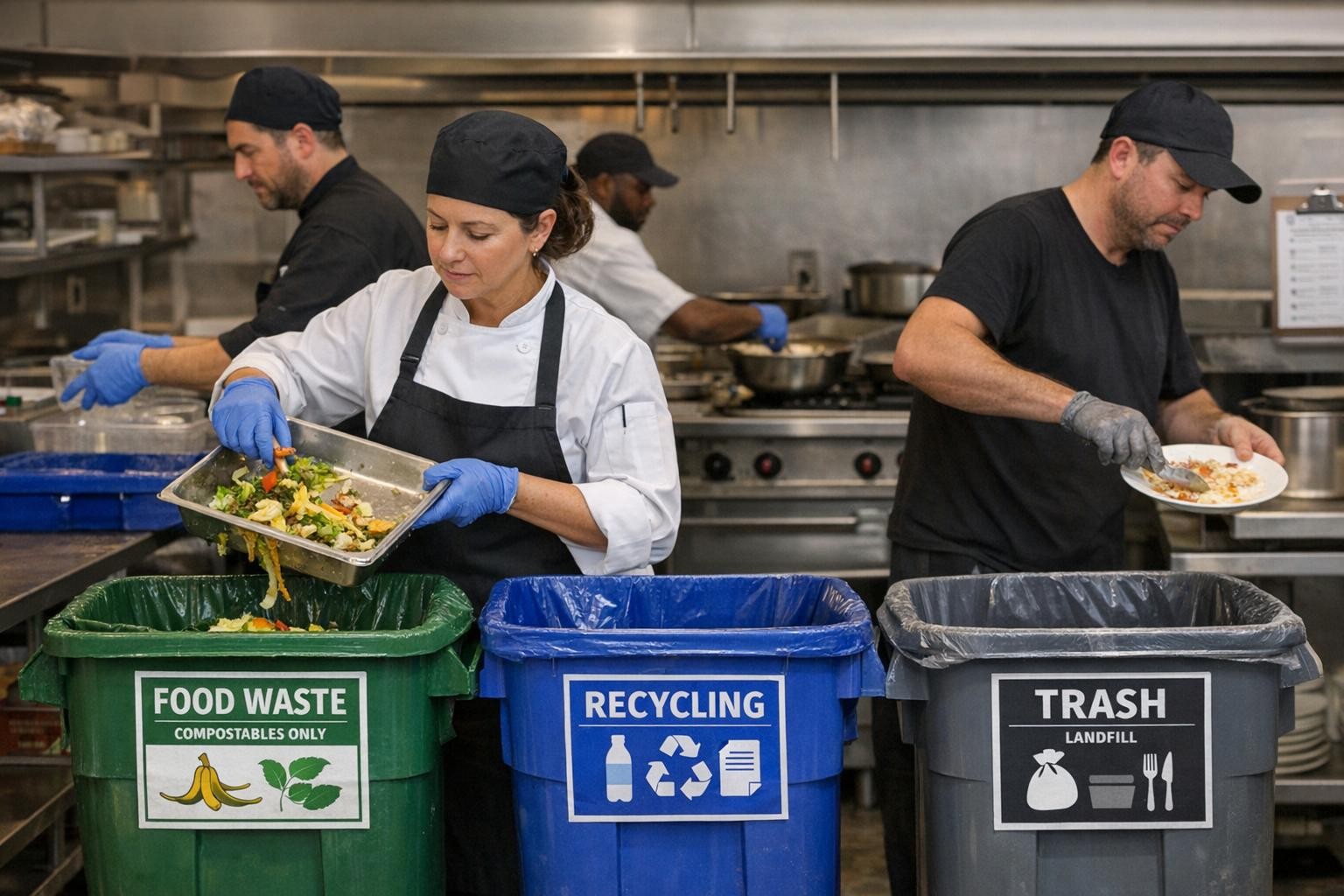 Trabajadora depositando restos de alimentos en un contenedor de residuos de una cocina profesional